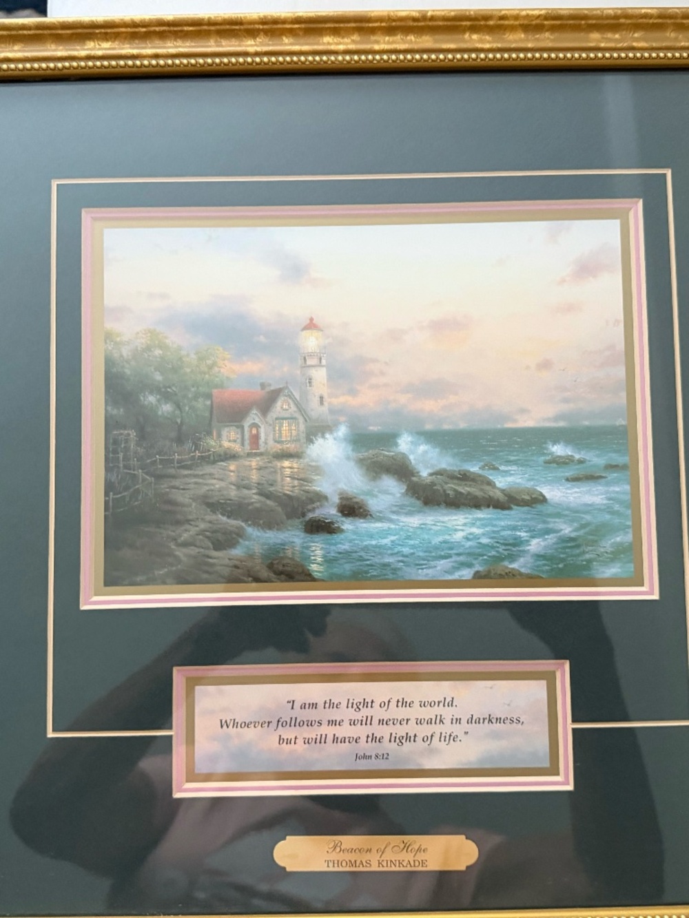 Vintage 1996 Thomas "Kinkade Beacon" of Hope framed accent print COA John 8:12
